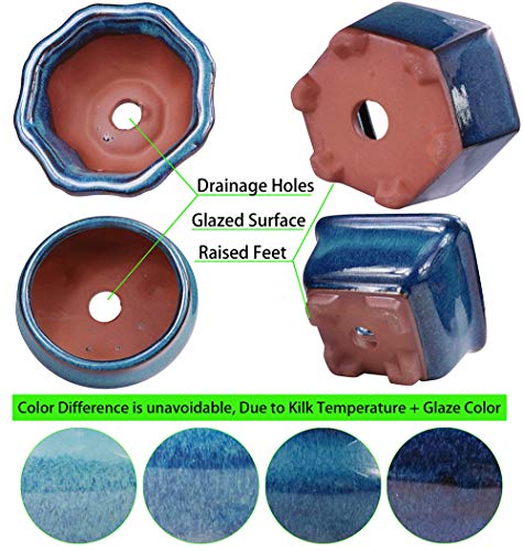 MUZHI 6PACK Glazed Bonsai Pot Planter 3" 4” Small Succulent Pots, Yixing Zisha Decorative Mame Bonsai Training Pot or Small Flower Cactus Starter Growing Planters Containers Blue - color: 6pcs Pots