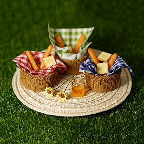 Miniature Food Dollhouse Accessories Garden Decor 1:12 Scale Bread Honey Picnic Basket Cloth Flowers 9PCS Garden Decoration Mini Room Display Props Model (Blue Picnic Cloth) - style: Blue Picnic Cloth