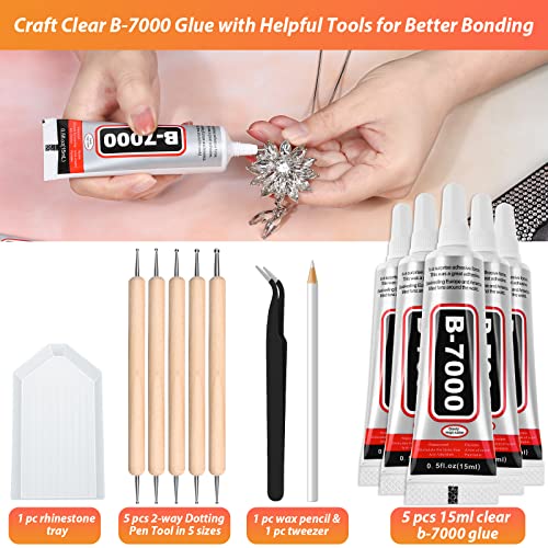 B7000 Clear Adhesive with Precision Tips, 5 PCS B-7000 Jewelry Bead Glue for Diamond Rhinestone Applicator Tools Set - Strength Adhesive for Nail Art DIY Crafts Clothes Shoes Bags - color: 5x15 ML/ 0.5 oz