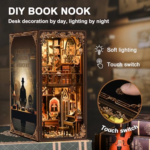 Book Nook Kit, 3D Wooden Puzzle for Adult, DIY Miniature House Kit for Adults, Booknook with LED Light, Gifts for Family, Friends and Book Lovers, Bookshelf Decor(Mystery of the Secret Box) - color: Mystery of the Secret Box