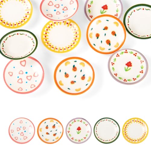 FASHEWELRY 10Pcs Resin Miniature Dollhouse Plates Playhouse Dishes 34mm Kitchen Tableware Models Display Ornaments for Micro Landscape Decoration Garden Home Party Decor - color: 5 Colors-round Plates