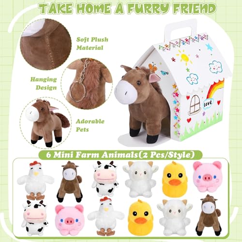 31 Pieces Adopt Farm Animal Party Favors 12 Mini Plush Pet Farm Animals with Keychain Include Adopt a Puppy Sign DIY White House, Paint Brushes Stickers for Birthday DIY Craft Party Gifts