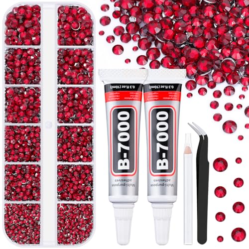 6100Pcs Resin Rhinestones for Crafting with 2Pcs 10ml B7000 Jewelry Glue, 1 Box Flatback Crystals Diamond (Dark Red) for Bedazzling Crafts DIY Nail Art，Non Hotfix Gems for Clothing Shoes Tumblers - color: Dark Red, size: 1 Small Pack + 2Pc Glue