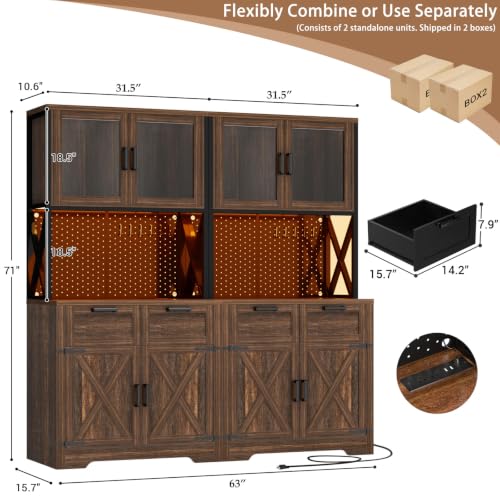Unikito 71" Kitchen Pantry Cabinet with LED Light & Outlet, Microwave Stand - color: Weathered Brown, size: 63 Inch