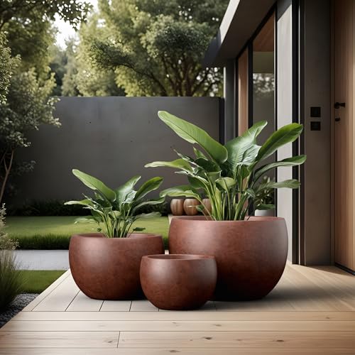 Kante Set of 3 Rusty Concrete Bowl Planters 19.9" 15.7" 11.8" Dia - color: Rusty, size: 19.9"D + 15.7"D + 11.8"D