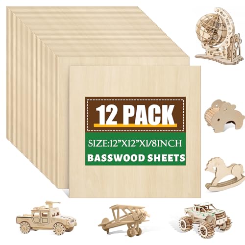 12 Pack Basswood Sheets 1/8x12x12 Inch for Crafts,Unfinished Wood for Laser Cutting & Engraving,Wood Burining,Plywood for Architectural Models. - size: 12P 12x12x1/8in