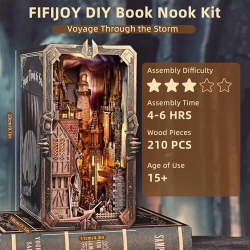 fifijoy Viking Book Nook Kit - DIY Miniature House Dollhouse Kit for Adults Teens, Booknook Tiny House Bookshelf Insert Decor 3D Wooden Puzzle, Gifts for Family, Friends (Voyage Through the Storm) - color: Voyage Through the Storm