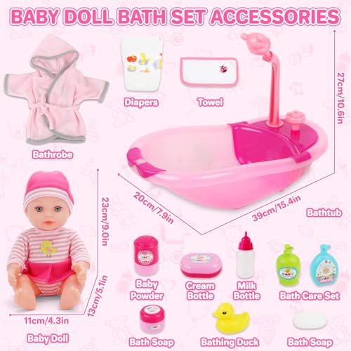 deAO 12" Baby Doll Bath Playset Functional Bathtub Detachable Shower - color: Pink