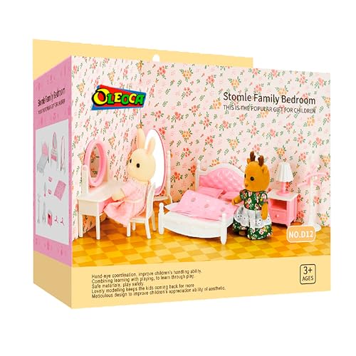 Family Dollhouse Bedroom Set — Bed, Pillows & Bedspread, Vanity with Mirror, Nightstand, Floor Mirror, Chair, Lamp, Coat Rack & Hangers — Dollhouse Furniture & Accessories for Ages 3+ - style: Bedroom Set