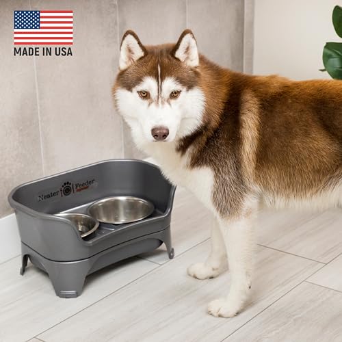 Neater Feeder - Express Model w/ Slow Feed Bowl - Mess-Proof Dog Bowls (M/L, Grey) Made in USA – Elevated, No Spill, Non-Tip, Non-Slip, Raised Stainless Steel Food/Water Pet Bowls Aid Digestion - color: Gunmetal Grey, size: Medium to Large w/ Metal Slow F