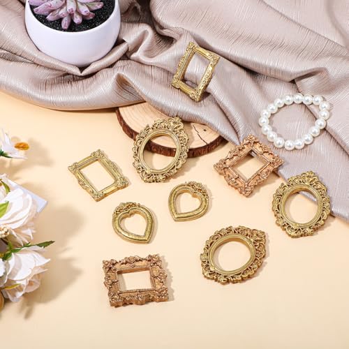 60Pcs Mini Vintage Gold Picture Frames, Small Resin Antique Frames for DIY Crafts, Jewelry Display, Tabletop Wedding Decor, and Photography Props (4 Styles, Oval, Rectangle, Heart)