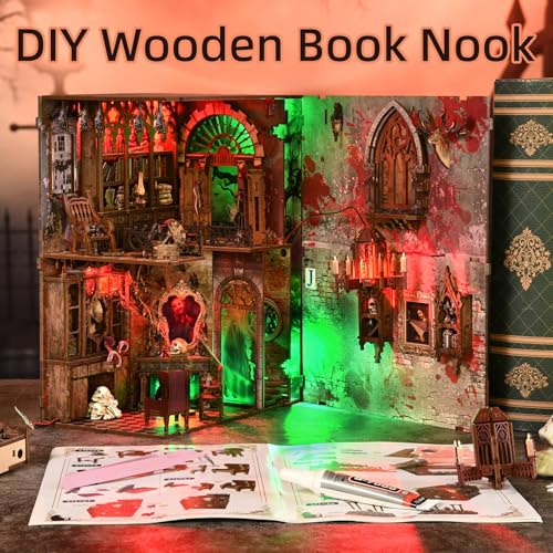 fifijoy Haunted Horror Book Nook Kit, DIY Miniature Dollhouse Halloween Booknook Kit, Spooky Creepy Scary 3D Wooden Puzzle Bookend Bookshelf Insert Decor with LED Light (Haunted Mansion) - color: Haunted Mansion