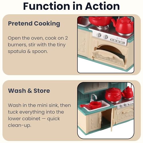 Family Dollhouse Kitchen Set — Miniature Stove, Sink & Oven with Frying Pan, Saucepan, Kettle, Utensils & Cutting Board — Dollhouse Furniture & Accessories for Ages 3+ - style: Kitchen Set