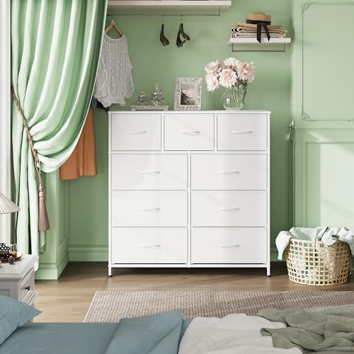 WLIVE Tall Dresser for Bedroom, 9 Drawer Chest of Drawers, White - color: White