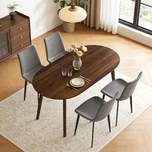 63" Oval Dining Table Set for 4 with Solid Wood Legs - color: Walnut Table Grey Chairs