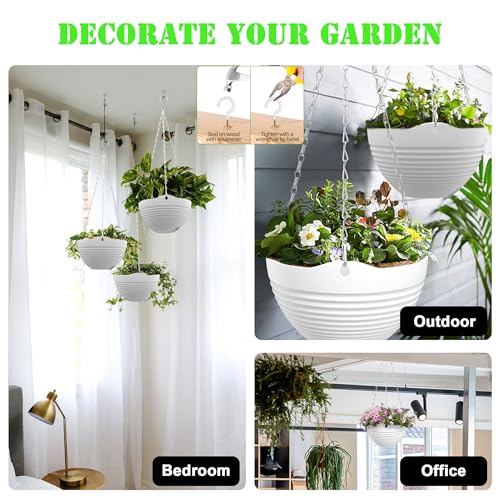 Hanging Planters, Set of 9 White Hanging Pots, 8" Hanging Flower Pots, Plant Pots with Drainage Plugs, Water Barrier and Chains, Come with Free Mini Garden Tools Set