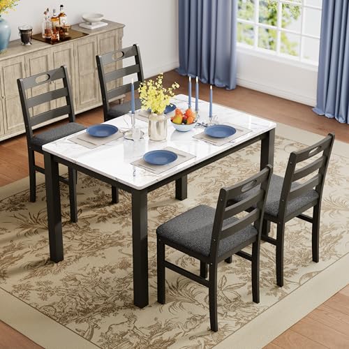 PHI VILLA Dining Table Set for 4, Marble Design Kitchen Table and Chairs - color: Venatino White Marble&gray