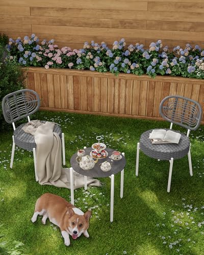 GarveeLife 3 Piece Wicker Patio Bistro Furniture Set, Outdoor Dining Chairs, Includes 2 Rattan Chairs and Tempered Glass Table, for Garden, Backyard, Balcony, Apartment, White & Grey - color: White & Grey