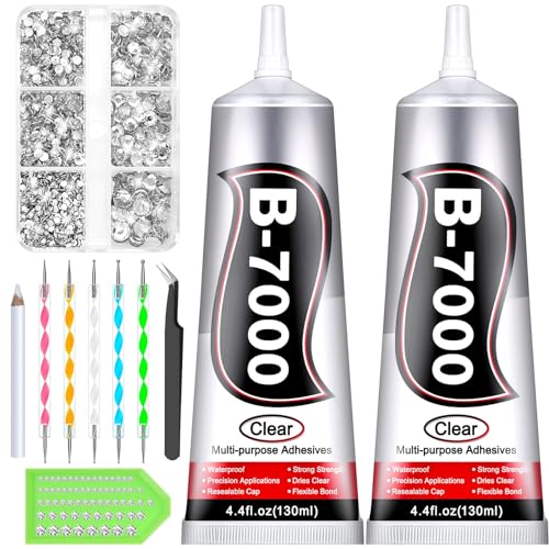 Shynek 2×130ML B7000 Rhinestone Clear Jewelry Adhesive Glue with Precision Tip and 1365PCS Charm Rhinestones Flatback Gem for Craft, Fabric Glue with Tools for Jewelry Making Clothes Elastic String - color: A