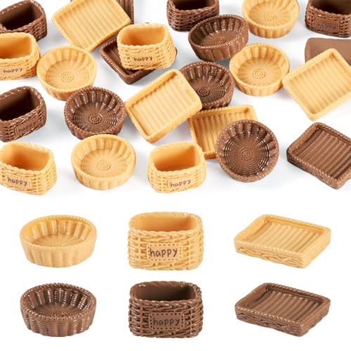FASHEWELRY 24Pcs Mini Rattan Basket Dollhouse Accessories Resin Kitchen Tableware Miniature Display Rattan Decorative Model for Micro Landscape Decoration Garden Home Party Decor - color: 3 Colors-rattan Basket