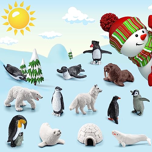 SCAHOW 26Pcs Arctic Animal Figures - Polar Animal Toys Figurines with Penguins Arctic Fox Wolf Polar Bear Reindeer - Miniature Toys Cake Topper Christmas Birthday Gift for Kids & Toddlers - style: 26PCS