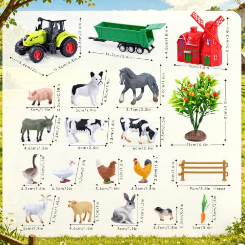SIENON 26Pcs Mini Realistic Farm Animals Figures with Tractor Toys - size: Mini Farm Toy Tractor Set