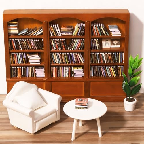 Mini Bookshelf with 240pcs Mini Books Sofa Desk Plant Dollhouse Bookshelf - style: Mini Books with Big Bookshelf