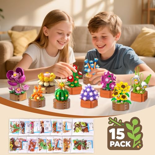 HOGOKIDS 15 Pack Flowers Botanical 3.6MM Building Set for Adults Kids 6-12+
