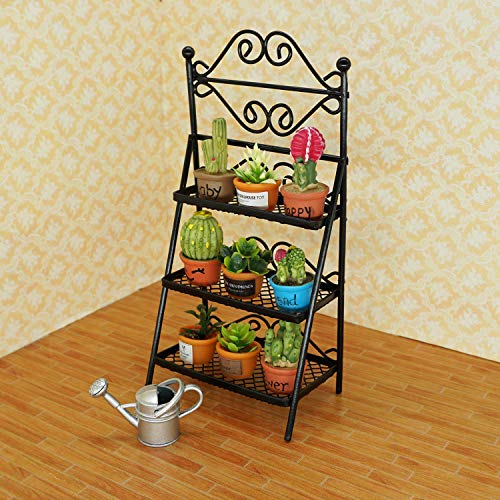 Dollhouse Furniture Flower Stand Set (11pieces) - Vintage Metal Plant Stand and Other Miniature Accessories for 1 12 Scale Dollhouse Balcony Decoration (Black)