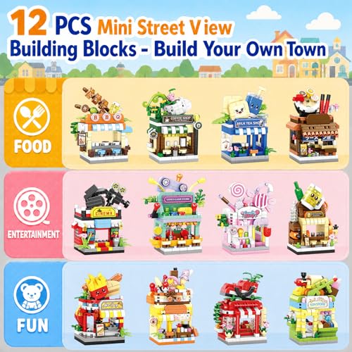 12 PCS Mini Street View Building Bricks Set, Modular City Shop Model, DIY Tiny Town Collection, Aesthetic Tabletop Decor, Holiday & Birthday Gifts for Adults - color: Vibrant
