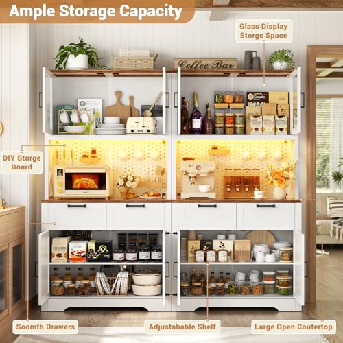 Unikito 71" Kitchen Pantry Cabinet with LED Light & Outlet, Microwave Stand - color: White+rusitc, size: 63 Inch