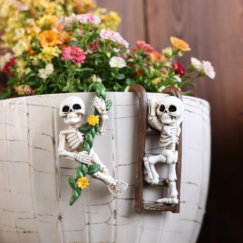 2 PCS White Skeleton Statues Pot Hugger Decorations for Plant, Miniature Skull Garden Decor Outdoor Figurines Plant Hangers Decor for Flower,Yard,Lawn Ornaments (Multicolor) - color: Multicolor