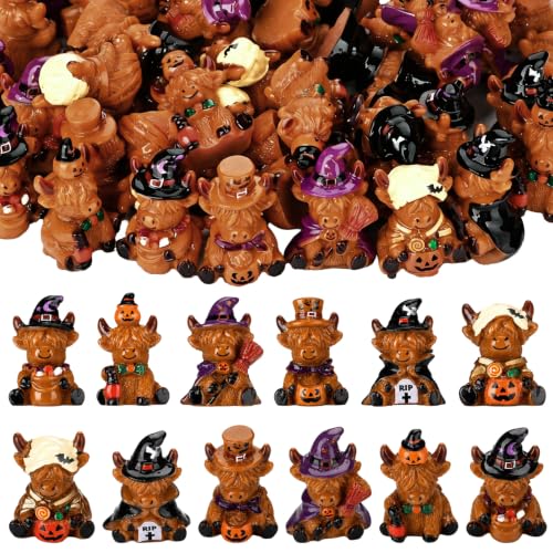 Yaomiao 60 Pcs Mini Halloween Highland Cow Figurines Resin Cow Statues - style: Halloween