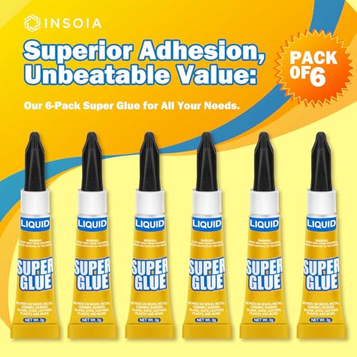 INSOIA Super Glue Liquid Clear, 6 x 3g, All Purpose Single-Use - style: Liquid