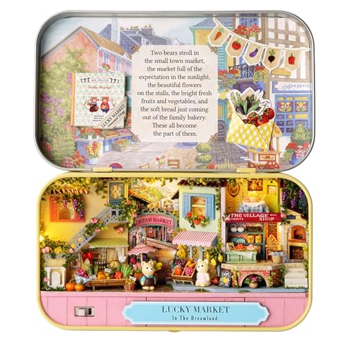 MAGQOO Miniature Dollhouse Kit Box Theater Kit Miniature Room Kit 3D DIY Wooden Doll House Kit with Furniture 1:100(Lucky Market) - color: Lucky Market