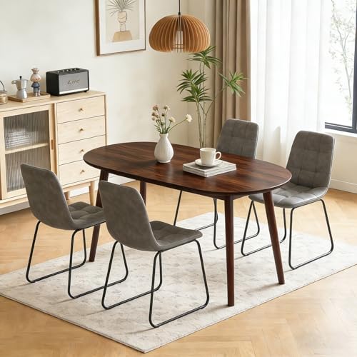 63" Oval Dining Table Set for 4 with Solid Wood Legs - color: Walnut Table C-grey Chairs