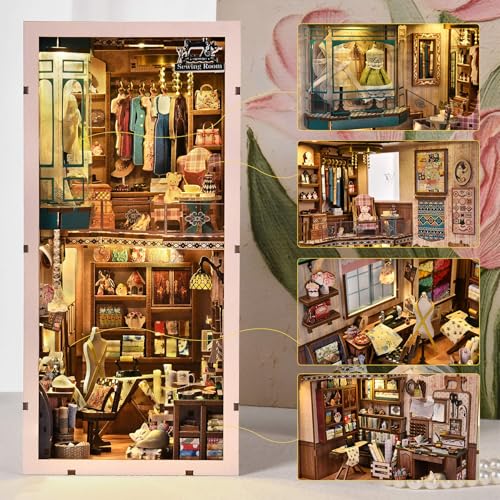 fifijoy Book Nook Kit - DIY Miniature House Dollhouse Kit for Adults and Teens, Booknook Tiny House Bookshelf Decor 3D Wooden Puzzle, Gifts for Family Friends (Sewing Room) - color: Sewing Room