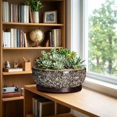 13 Inch Ceramic Bonsai Tree Pot with Saucer, White Leopard - color: White Leopard, size: 13 Inch