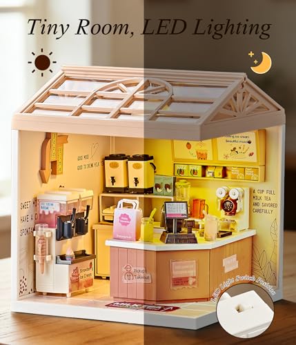 Bubble Tea Shop DIY Miniature House Kit with Roof & LED Light, Stackable & Connectable Dollhouse Kit with Dustproof Doors, Creative DIY Crafts Building Toy Gift for Adults Teens - color: Milk Tea Shop, size: Meduim