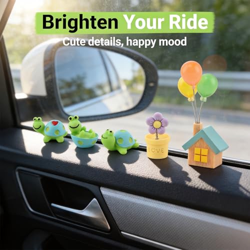 4 Pcs Mini Resin Tortoise Figurines with Blue Small House Balloon, Small Flowerpot, Cute Car Dashboard Decor, Rearview Mirror Ornaments, Fairy Garden Landscape Decor