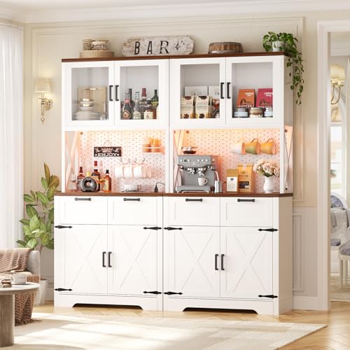 Unikito 71" Kitchen Pantry Cabinet with LED Light & Outlet, Microwave Stand - color: White+rusitc, size: 63 Inch