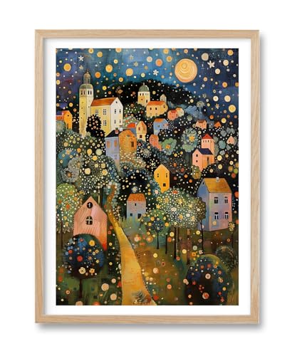 HesenDot Gustav Klimt Moon Stars Natural OAK Wood Framed Wall Art,12x16in - color: Framed Gustav Klimt Oak Wood