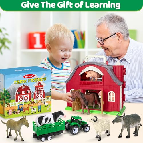 Ellinjan Farm Animals Toys for Toddlers Girls Boys, Big Red Barn Farm with Figures Animals and Tractor Toy for Kids 3 4 5, Farm Playset Educational Learning Toys, Ideal Christmas Birthday Gifts