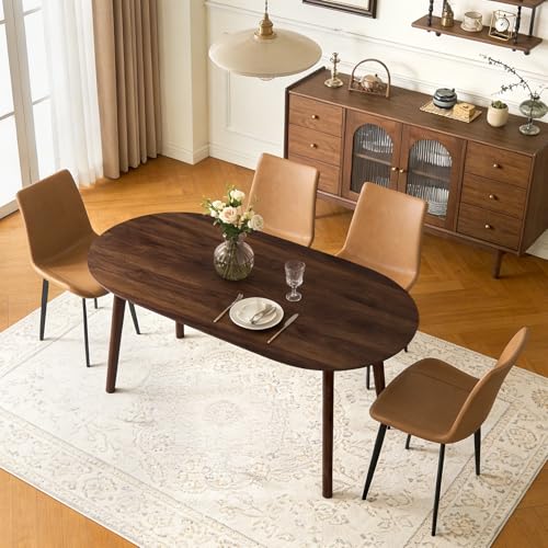 63" Oval Dining Table Set for 4 with Solid Wood Legs - color: Walnut Table Brown Chairs
