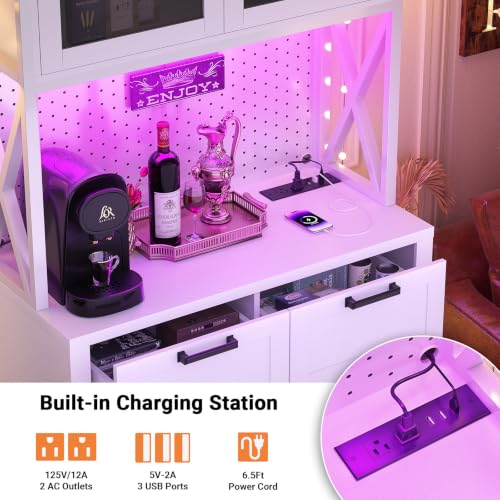 Unikito 71" Kitchen Pantry Cabinet with LED Light & Outlet, Microwave Stand - color: White+rusitc, size: 32 Inch