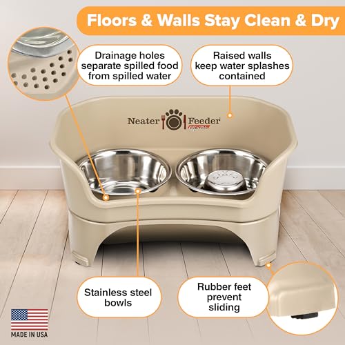 Neater Feeder - Express Model w/ Slow Feed Bowl - Mess-Proof Dog Bowls (M/L, Almond) Made in USA – Elevated, No Spill, Non-Tip, Non-Slip, Raised Stainless Steel Food/Water Pet Bowls Aid Digestion - color: Almond, size: Medium to Large w/ Metal Slow Feed B
