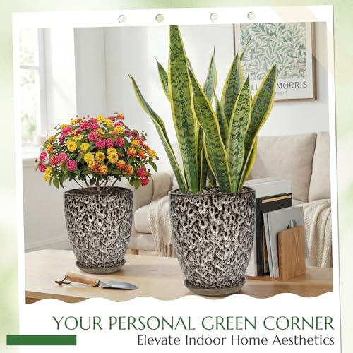 11.8 Inch Flower pots for Indoor Plants,Ceramic Planter with Saucer Drainage Leak-Proof Mesh Gardening Gloves (Spotted White) - color: Spotted White, size: 11.8 Inch