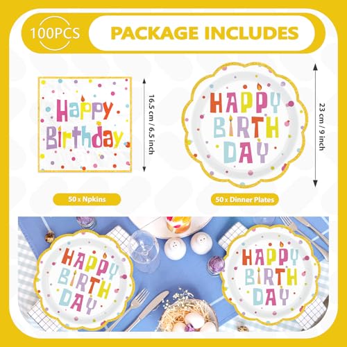 100Pcs Happy Birthday Colorful Polka Dots Party Supplies Serve 50 - style: Confetti Birthday Plates