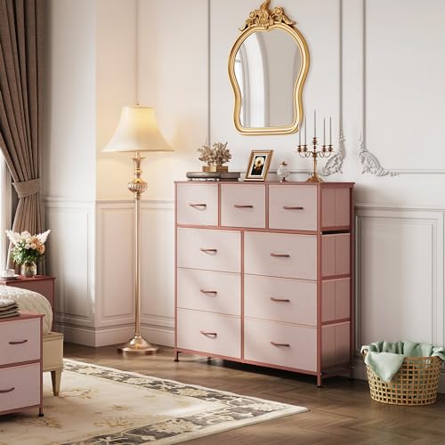 WLIVE Tall Dresser for Bedroom, 9 Drawer Chest of Drawers, Pink - color: Pink