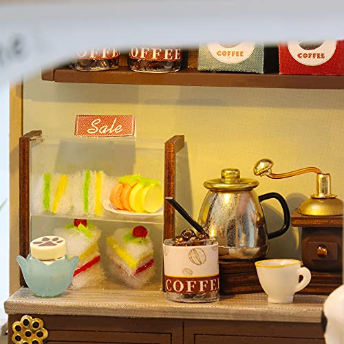 GuDoQi DIY Miniature Dollhouse Kit, Tiny House Kit with Music, 1:24 Scale, Handmade Crafts Gift for Christmas Day Birthday, Lovely Cats' Coffee Shop - color: Coffee Shop